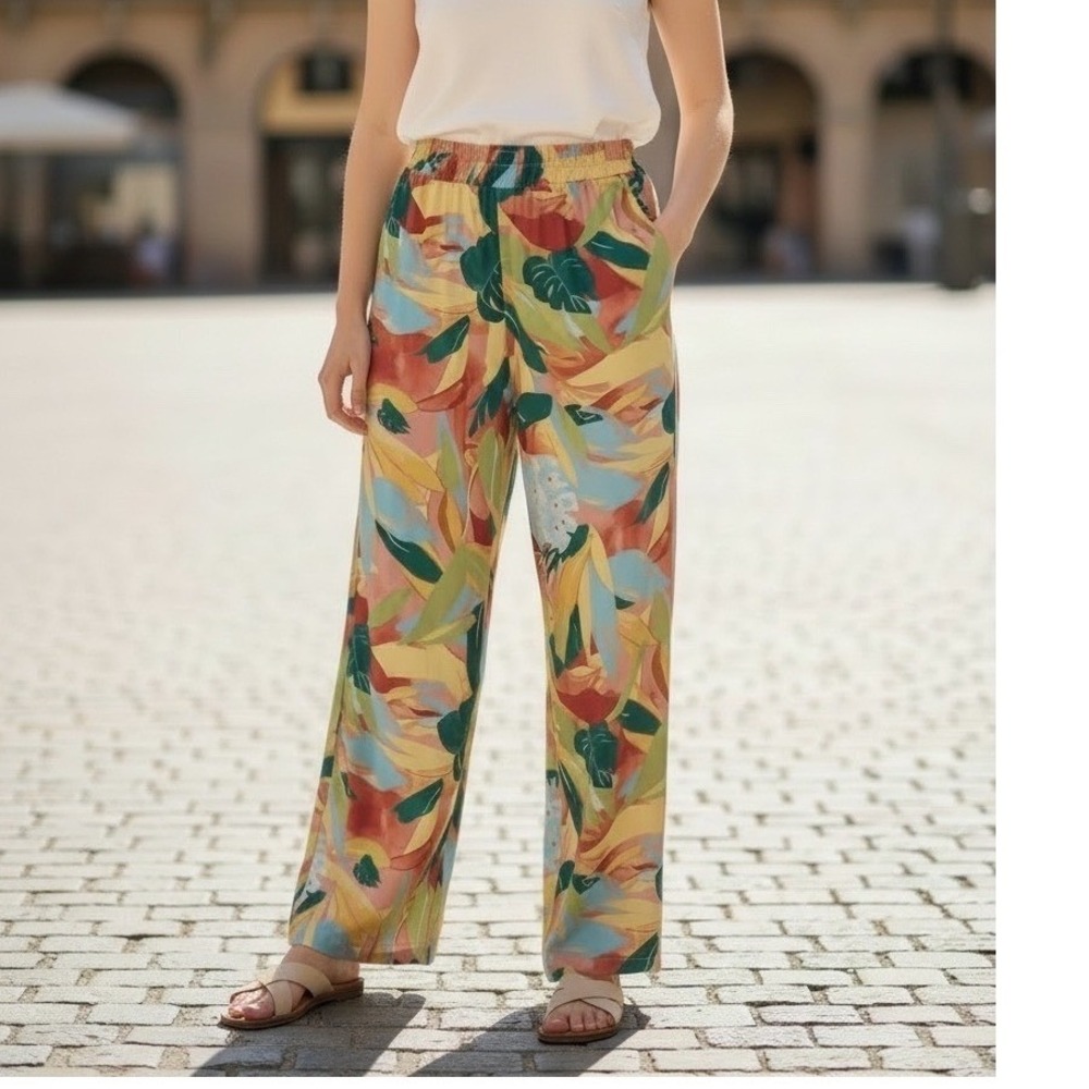 M Made in Italy Jade Palms Tropical Wide Leg Pants S Resort Coastal Flowy Med